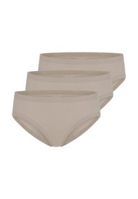 Beige cotton blend briefs, featuring a smooth texture and minimalist design, with elastic waistbands and a subtle brand logo on the front.