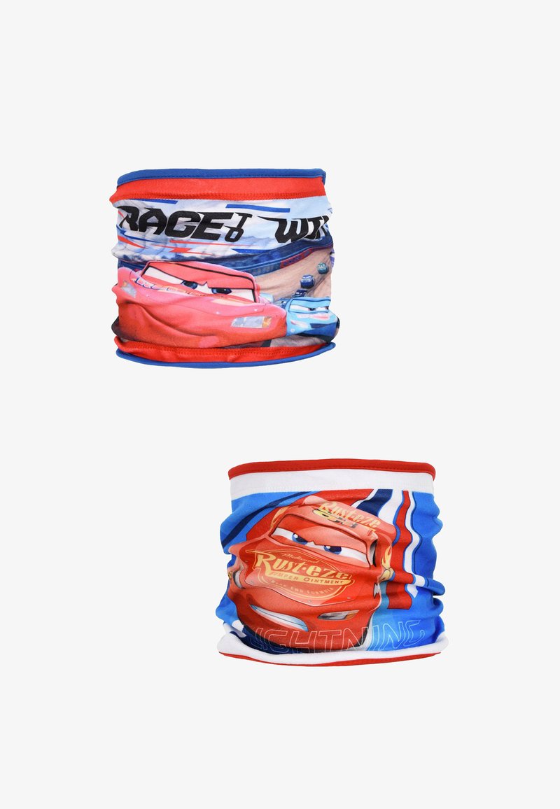 Tube de cou multicolore en tissu extensible, orné de graphismes de Lightning McQueen, avec un schéma de couleurs rouge et bleu, et des coutures plates.