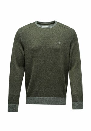 Suéter de punto verde oscuro con mangas largas, cuello y puños de canalé, y un pequeño logo en el pecho. Textura suave y diseño ajustado.