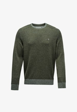 Suéter de punto verde oscuro con mangas largas, cuello y puños de canalé, y un pequeño logo en el pecho. Textura suave y diseño ajustado.