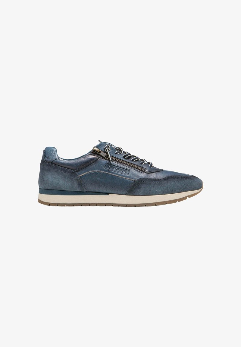 Baskets en cuir bleu marine pour homme avec fermeture éclair latérale, lacets à l’avant et semelle en caoutchouc beige, vues de côté extérieur.