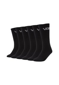 Schwarze Baumwollsocken im Crew-Style, mit geripptem Muster, sechs Paare, ausgestattet mit dem weißen Vans-Logo oben, entworfen für Komfort und Langlebigkeit.