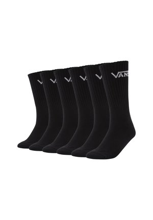 Schwarze Baumwollsocken im Crew-Style, mit geripptem Muster, sechs Paare, ausgestattet mit dem weißen Vans-Logo oben, entworfen für Komfort und Langlebigkeit.