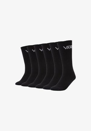 Calcetines de algodón negros tipo crew, textura acanalada, seis pares, con el logo blanco de Vans en la parte superior, diseñados para la comodidad y durabilidad.