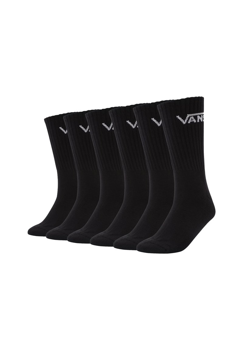 Schwarze Baumwollsocken im Crew-Style, mit geripptem Muster, sechs Paare, ausgestattet mit dem weißen Vans-Logo oben, entworfen für Komfort und Langlebigkeit.