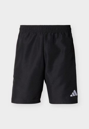 Černé sportovní šortky s elastickým pasem a logem Adidas na pravé dolní noze, navržené pro běžné nošení nebo sportovní aktivity.