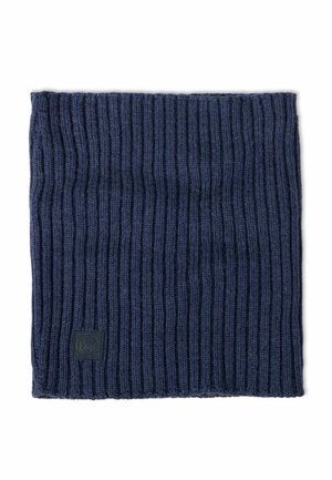 Navy knitted neck gaiter with ribbed texture, finished edges, and a small logo patch; made from soft, warm material for comfort.