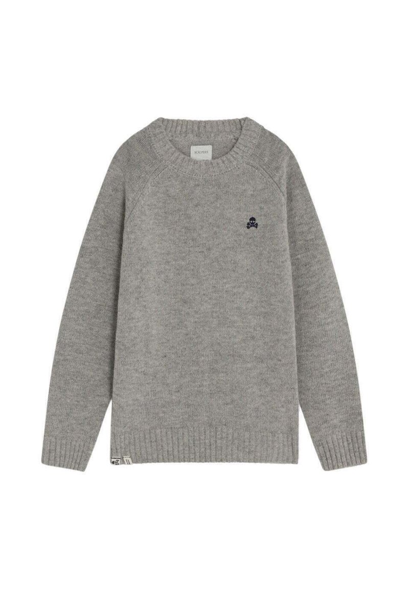 Gray knitted sweater with a round neck, ribbed cuffs and hem, featuring a small blue skull logo on the left chest.