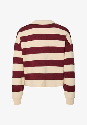 Kremo ir bordo dryžuotas megztinis su trumpu kirpimu, mezgimo tekstūra, ilgomis rankovėmis ir standartine apykakle.