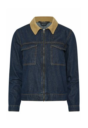 Giacca in denim blu scuro con colletto beige, chiusura frontale con cerniera, maniche lunghe e due tasche sul petto con patta.