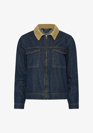 Donkerblauwe spijkerjas met beige kraag, ritssluiting aan de voorkant, lange mouwen en twee borstzakken met kleppen.
