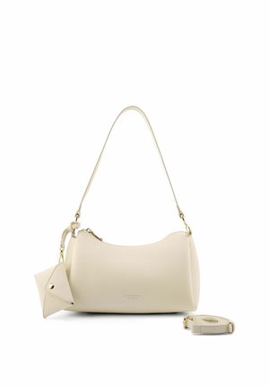Crèmekleurige lederen schoudertas met een klein aangehecht tasje en een aparte verstelbare riem, getoond op een witte achtergrond.