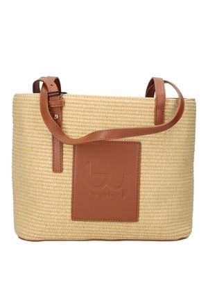 Borsa rettangolare intrecciata in paglia con manici a tracolla in pelle color cuoio e una targhetta in pelle con la scritta "by Byblos" in rilievo sul davanti.