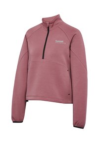 Quarter-zip pullover i støvet rosa, lavet af blødt stof. Har sort lynlås og manchetter samt et diskret logo på brystet. Løst fit.
