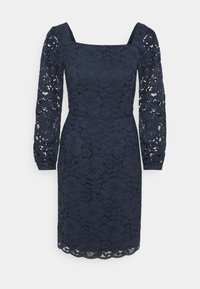 Navy blue lace dress with a square neckline and long, puffed sleeves. The texture features intricate floral patterns and scalloped hemline.