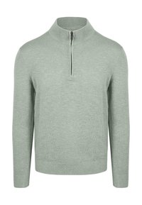Lichtgroene sweater met hoge kraag en halve rits. Heeft lange mouwen en een zachte, gestructureerde stof. Geen patronen of accenten.