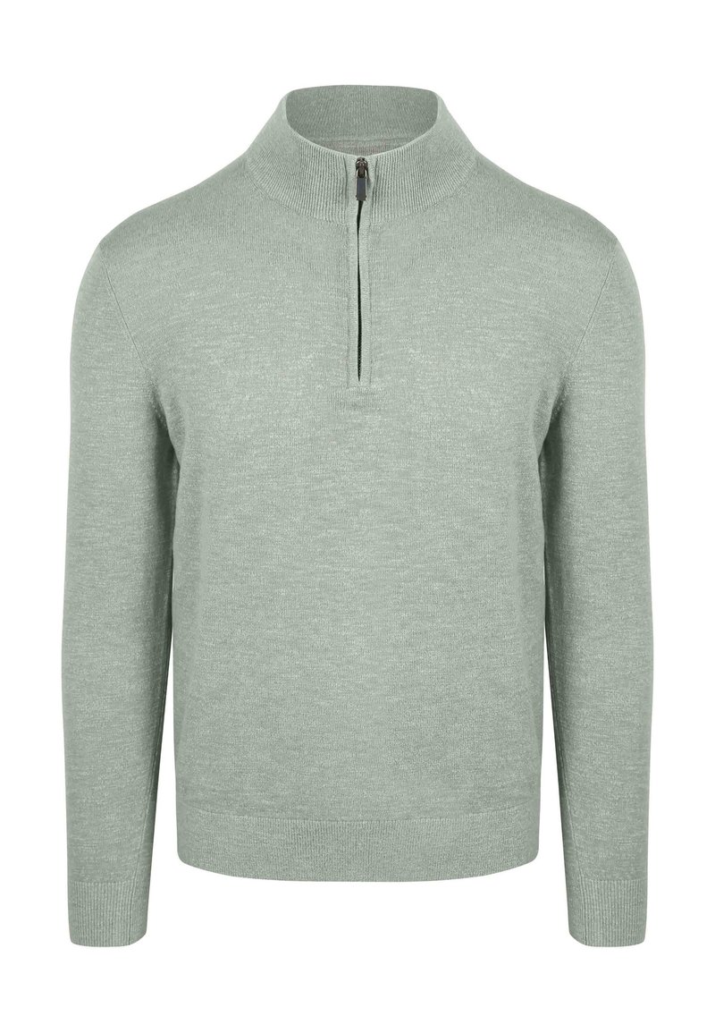 Lichtgroene sweater met hoge kraag en halve rits. Heeft lange mouwen en een zachte, gestructureerde stof. Geen patronen of accenten.