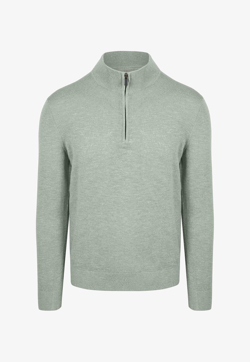 Lichtgroene sweater met hoge kraag en halve rits. Heeft lange mouwen en een zachte, gestructureerde stof. Geen patronen of accenten.