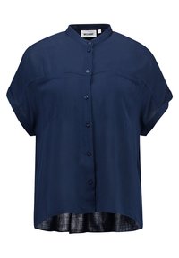 Blusa a maniche corte blu navy con colletto alla cinese, chiusura a bottoni e vestibilità comoda. Tessuto liscio, orlo posteriore leggermente più lungo.