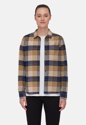 Flanellen shirt met een geel, blauw en grijs ruitpatroon. Heeft een knoopsluiting aan de voorkant, een kraag en een borstzak. Zachte textuur.