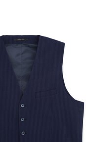 Gilet da uomo blu navy a righe con tre bottoni e taschino sul petto a soffietto, senza maniche e con collo a V.