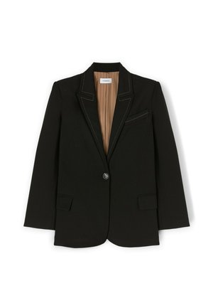 Zwarte blazer met een enkele knoop, geknipt revers en twee voorzakken. Bevat contrasterende stiksels en een beige gevoerde binnenkant.