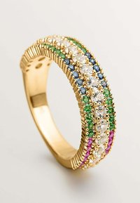 Anillo de banda de oro con filas alternas de piedras transparentes, verdes, azules y rosas, con un borde texturizado y una superficie interior suave.