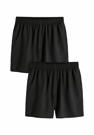 Két fekete elasztikus derekú rövidnadrág, egyszerű design, laposan elhelyezve, az egyik kissé átfedi a másikat, fehér háttéren.