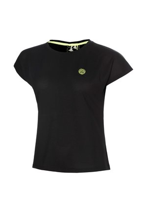 Schwarzes, kurzärmeliges, bauchfreies Sporttop mit kleinem gelben Logo auf der Brust und gelben Besatz innen am Ausschnitt.