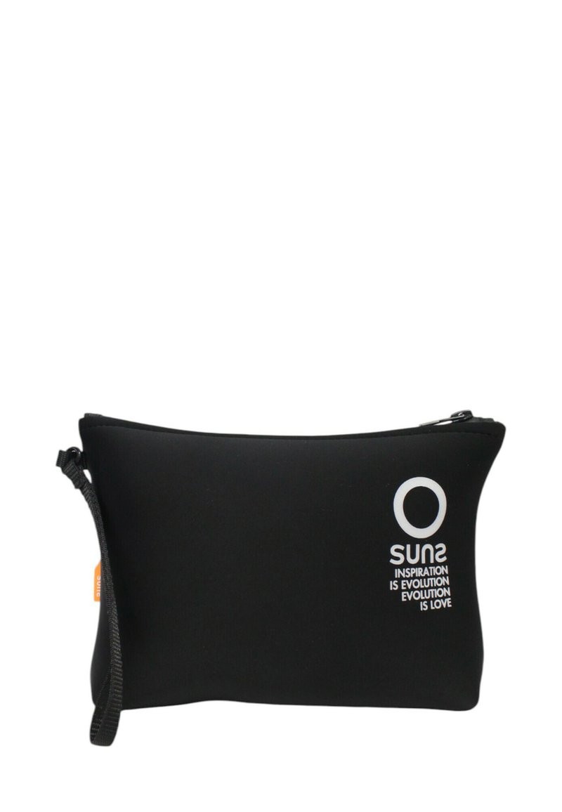 Borsetta nera in neoprene con chiusura a zip, con testo e logo stampati in bianco. Include una tracolla per un facile trasporto.