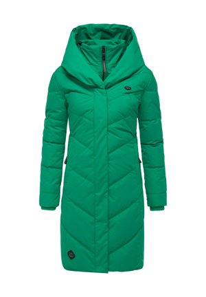 Grüne gepolsterte Jacke mit einer großen, drapierten Kapuze. Verfügt über einen Reißverschluss, lange Ärmel und ein Chevron-Steppmuster. Mit einem Logo-Patch akzentuiert.