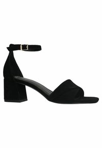 Black suede heeled sandal with a wide strap and open toe. Features a thick block heel and an adjustable ankle strap with a metal buckle.