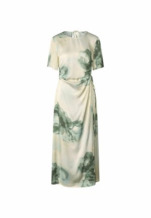 Rochie petrecută cu imprimeu floral, confecționată dintr-un material moale și ușor. Fundal crem cu modele florale verzi. Mâneci scurte și detaliu cu legătură în talie.