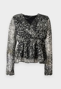 Blusa nera floreale con maniche lunghe e trasparenti, design avvolgente e vita arricciata. Presenta motivi floreali bianchi in tutto il capo.