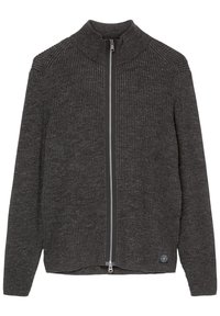 Ciemnoszara, prążkowana, zapinana na zamek bluza z wysokim kołnierzem i długimi rękawami, z zamkiem błyskawicznym i małym logo na dolnym brzegu.