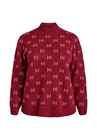 Maglione rosso lavorato a maglia con un collo alto e un motivo testurizzato di strisce verticali bianche. Tessuto morbido con una vestibilità ampia.