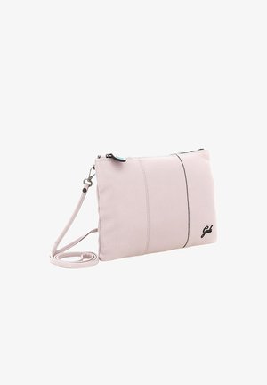 Borsa clutch a tracolla in pelle rosa chiaro con chiusura a cerniera, tracolla rimovibile e piccolo logo nero sull'angolo anteriore.