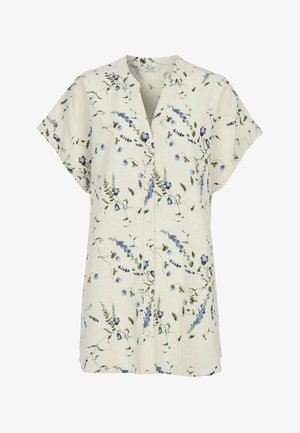 Cremefarbenes kurzärmliges Hemd mit Knopfleiste, blau-grünem Blumenmuster und V-Ausschnitt-Kragen.