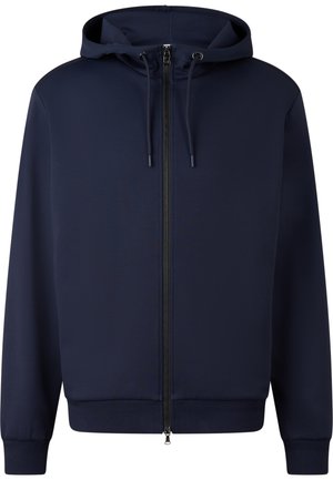 Marineblå zip-up hættejakke lavet af glat stof, med frontlynlås, snorhætte og ribbede manchetter og kant.