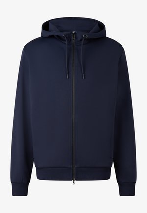 Granatowa bluza z kapturem na zamek, wykonana z gładkiego materiału, z zamkiem błyskawicznym z przodu, kapturem na sznurki oraz ściągaczami przy mankietach i u dołu.