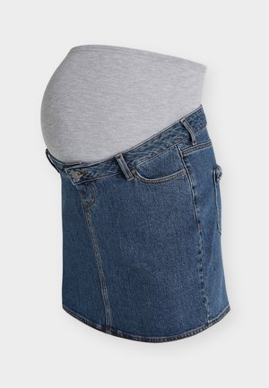 Spódnica ciążowa z denimu z elastycznym, szarym pasem, zaprojektowana tak, aby pomieścić rosnący brzuch w ciąży.