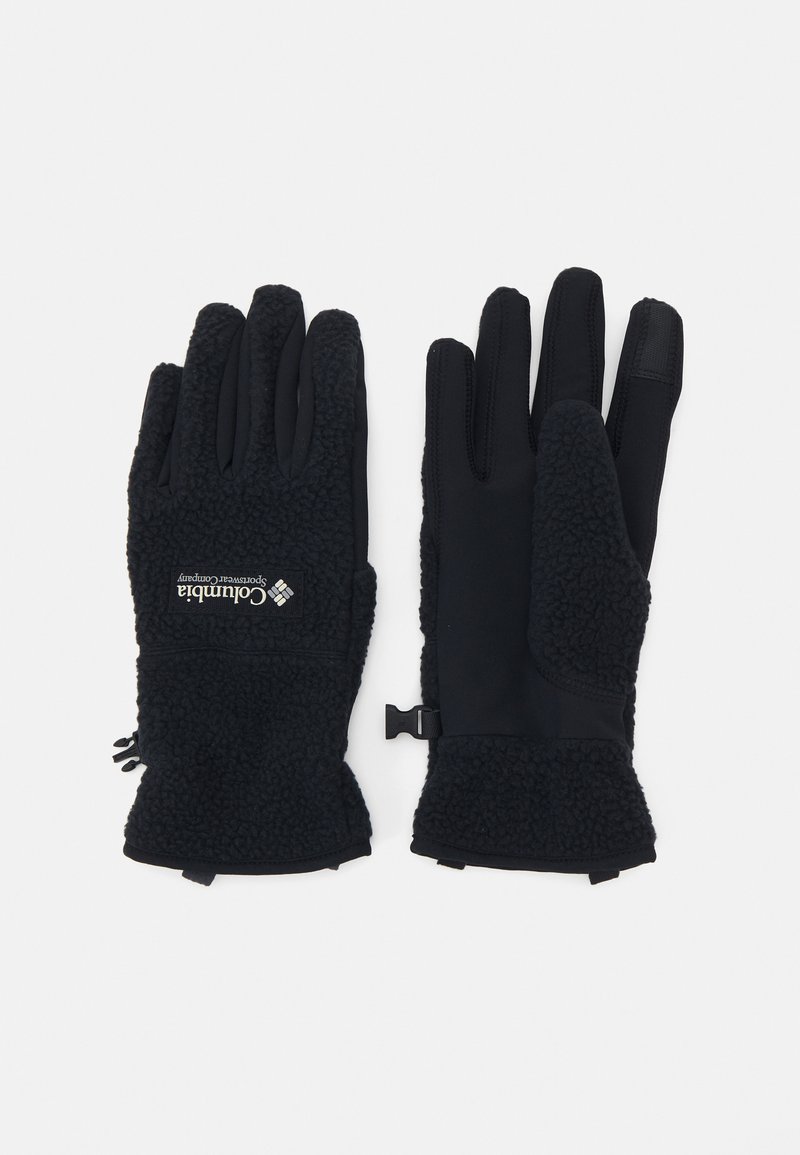 Sorte hansker laget av en blanding av fleece og soft shell materiale, med en sikker passform, justerbar stropp og logo på håndleddområdet.