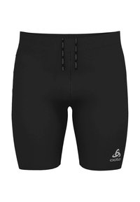 Shorts de bain noirs pour hommes avec une taille élastique, des coutures à plat et le logo Odlo en argent sur le bas à gauche à l'avant. Texture lisse.