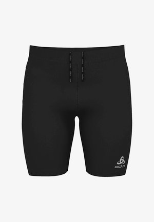 Schwarze Schwimmshorts für Männer mit elastischem Bund, Flatlock-Nähten und silbernem Odlo-Logo auf der unteren linken Vorderseite. Glatte Textur.