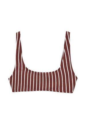 Brick red bikini top with white vertical stripes. Square neckline, wide straps, and ribbed texture. No additional hardware details visible.