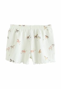 Shorts vert clair en tissu texturé, ornés d'un motif de chevaux ludiques de différentes couleurs et d'un ourlet à volants.