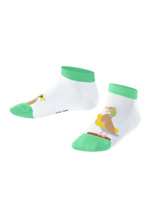 Weißes Knöchelsocken mit grünem Zeh und Bündchen. Mit einem bunten Entenmotiv und leichter Textur. Eignet sich für Freizeitbekleidung.