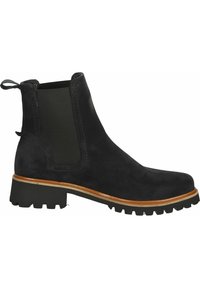 Bottine Chelsea en daim noir avec semelle en caoutchouc épaisse, panneau latéral élastique, bordure marron et languettes à la cheville et au talon.