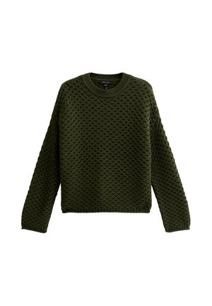 Maglione lavorato a maglia verde scuro con scollatura rotonda, maniche lunghe e un motivo testurizzato su tutta la superficie. Vestibilità comoda e polsini a coste.