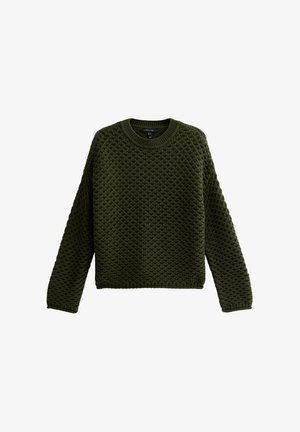 Suéter de punto verde oscuro con cuello redondo, mangas largas y un patrón texturizado a lo largo. Corte holgado y puños acanalados.